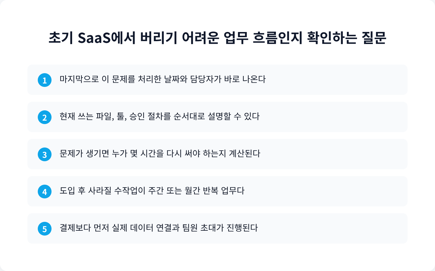 초기 SaaS에서 버리기 어려운 업무 흐름인지 확인하는 질문